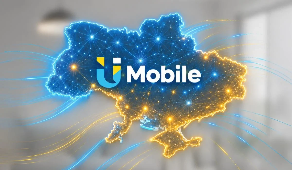 Логотип U Mobile на тлі смартфона з відкритим сайтом umobile.ua